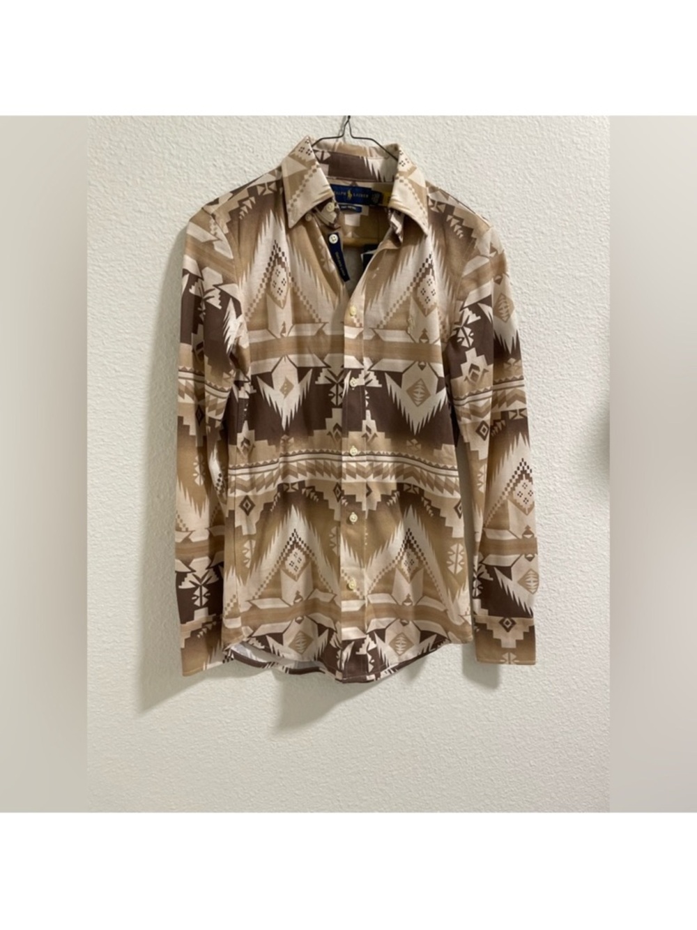 Ralph Lauren NWT Knit Taupe & Brown Geometric Button-Up Shirt Size XS